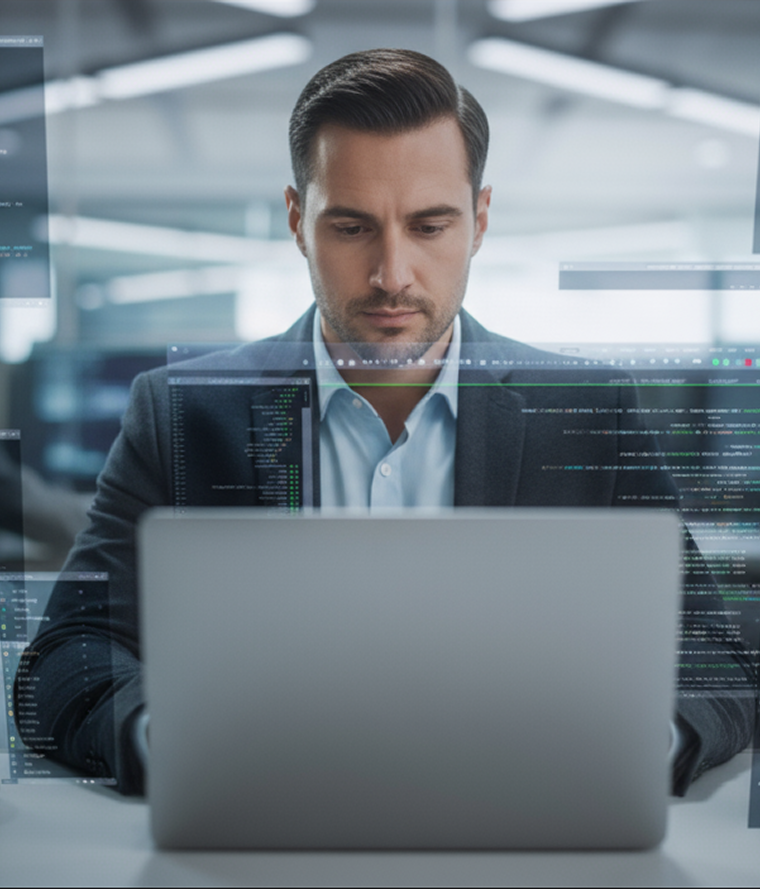 Security professional working on laptop